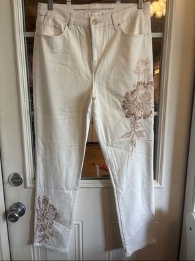 Chico's White Jeans with Rose-Gold Floral Embroidery